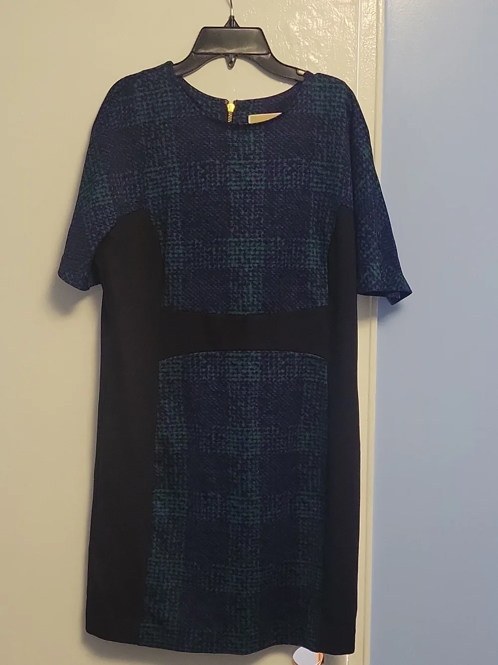 Michael Kors Navy and Teal Plaid Shift Midi Dress